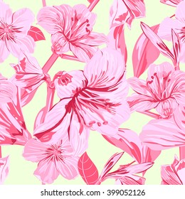 Vector Seamless Pink Amaryllis Floral Hand-drawn Pattern. Hippeastrum Flower background for your design projects: fashion textile, wallpaper, scrapbook and etc.