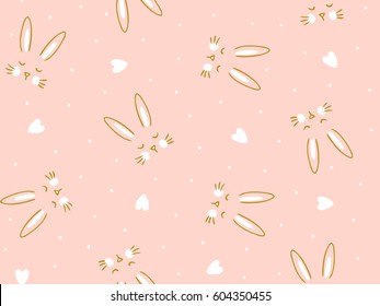 Vector de fondo rosa transparente con un pequeño conejito y corazón. Diseño de tela dibujada a mano.