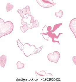 Vector seamless pink background for Valentine's day. Cupids, kisses, and hearts in strokes.