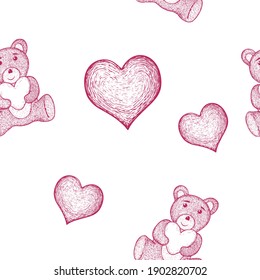 Vector seamless pink background for Valentine's day. hearts and teddy bear in strokes.