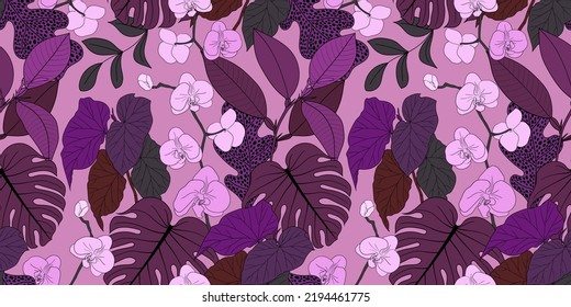 VECTOR SEAMLESS PINK BANNER WITH BLOOMING ORCHIDS AND COLORFUL TROPICAL PLANTS