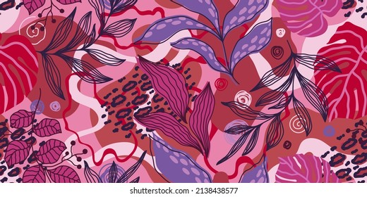 VECTOR SEAMLESS PINK BANNER WITH COLORFUL TROPICAL LEAVES