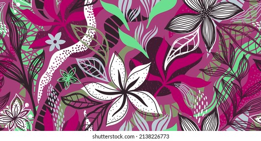 VECTOR SEAMLESS PINK BANNER WITH WHITE FLOWERS AND COLORFUL TROPICAL LEAVES