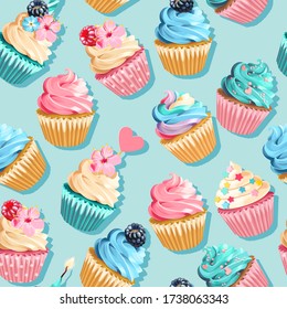 Vector seamless pink and blue cupcake pattern