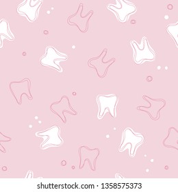 Vector seamless pink dental pattern. Cute  background with white teeth and dots for oral medicine design.