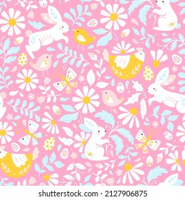 Vector Seamless Pink Easter Floral Pattern with Bunnies, Chickens, Birds and Easter Eggs