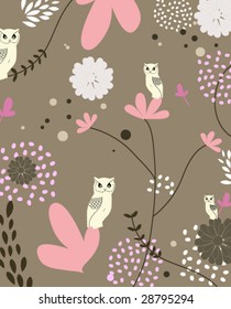 Vector seamless pink floral pattern with little owl