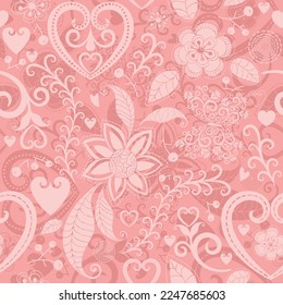Vector seamless pink floral valentine pattern with white hearts, lace vintage curls and flowers and butterfly