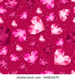 Vector seamless pink glossy background with 3d gold heart diamonds, gems, jewels. Golden holiday texture for Valentines greeting card, banner, poster, flyer, party invitation, jewelry gift shop.