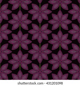 Vector Seamless Pink Lotus flower pattern. Dotted pattern. Oriental traditional ornament. Floral background. Dark background. Mosaic of dots. Vector Illustration.