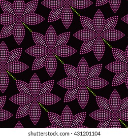 Vector Seamless Pink Lotus flower pattern. Dotted pattern. Oriental traditional ornament. Floral background. Dark background. Mosaic of dots. Vector Illustration.