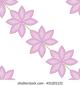 Vector Seamless Pink Lotus flower pattern. Dotted pattern. Oriental traditional ornament. Floral background. Mosaic of dots. Vector Illustration.