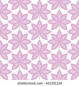Vector Seamless Pink Lotus flower pattern. Dotted pattern. Oriental traditional ornament. Floral background. Mosaic of dots. Vector Illustration.