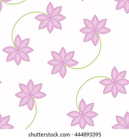 Vector Seamless Pink Lotus flower pattern. Dotted pattern. Oriental traditional ornament. Floral background. Mosaic of dots. Vector Illustration.