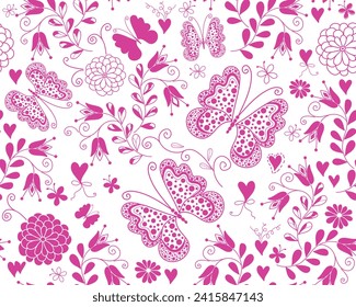 Vector seamless pink monochrome floral valentines pattern with hearts and butterflies in doodle style on a transparent background