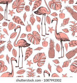  Vector seamless pink  pattern with flamingo, tropical plants and ice cream.