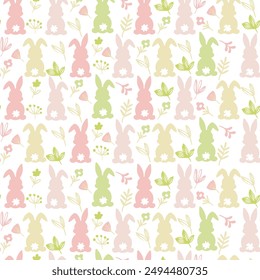 Vector seamless pink pattern of pastel Easter bunny head silhouette  on white background, Happy Easter greeting card seamless pattern with decorated painted Easter bunnies. 