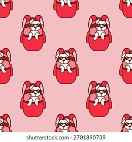 Vector seamless pink pattern with a puppy sitting in a children's backpack.