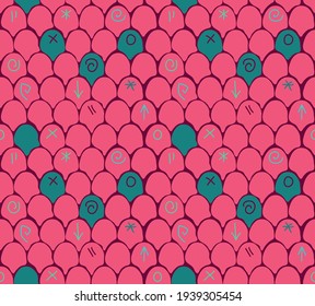 vector seamless pink scale pattern with blue-green and simple ornaments on forms, bright contrast colour palette