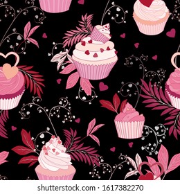 Vector Seamless Pink Valentine Pattern. Botanical Wallpaper.