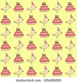 Vector seamless pink yellow pattern with a bird and birthday cake