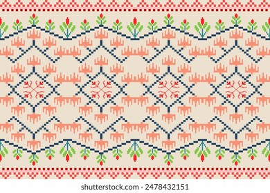 Vector seamless pixel art.Pixel mosaic texture with simple square particles.Ethnic geometric stitch pattern use for cloth,textile,wallpaper,cushion,carpet,quilt