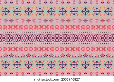 Vector seamless pixel art.Pixel mosaic texture with simple square particles.Ethnic geometric stitch pattern use for cloth,textile,wallpaper,cushion,carpet,quilt