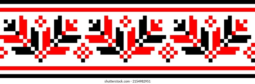 Vektornahtlose Pixel ethnische Sklaven-Muster einzeln auf weißem Hintergrund. traditionelles Ornament ukrainischer und belarussischer Stickerei - vyshyvanka.nützlich für Druck, Tapeten, Textilien, Gewebe