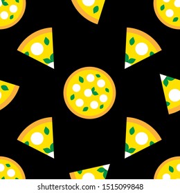 Vector seamless pizza pattern for cards, flyers, posters, banners, packaging, wrapping paper. Vector illustration with colored slice of pizza on the black background