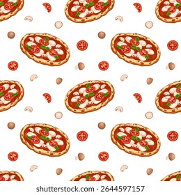 Vector seamless pizza pattern with tomato toppings, melted cheese and mushrooms. Cartoon fast food concept for menu, food delivery branding, wrapping, packaging, prints isolated on white background