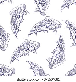 Vector seamless Pizza slice pattern. Hand drawn pizza illustration. Great for menu or background.