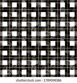 Vector seamless plaid pattern with black watercolor and gold glitter stripes. Modern chic hand drawn kilt checkered texture on white background 