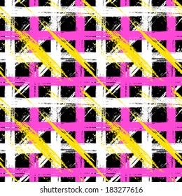 Vector seamless plaid pattern with bold brushstrokes and stripes in bright multiple colors