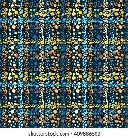 Vector seamless plaid pattern with colorful chaotic dots and spots.  Dotted texture background