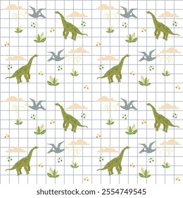 Vector seamless plaid pattern with cute dino, dinosaur Brachiosaurus and flying Pterodactyl with clouds and bushes, abstract children background
