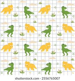 Vector seamless plaid pattern with cute dino, dinosaur T Rex, Tyrannosaurus and Triceratops with clouds and bushes, abstract children background
