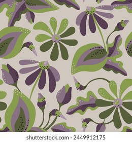 Vector seamless plant pattern. Stylized flowers, buds, leaves of purple and green color on a light coffee background.