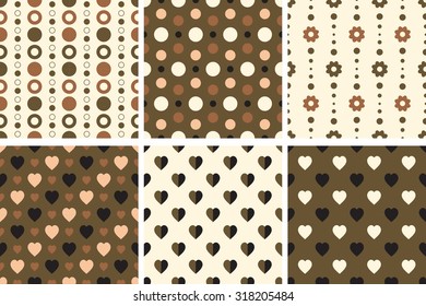 Vector seamless poka dot and heart tiling patterns. For printing on fabric, scrapbooking, gift wrap.