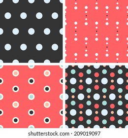 Vector seamless poka dot tiling patterns. For printing on fabric, scrapbooking, gift wrap.
