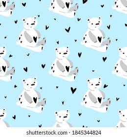 Vector seamless polar bear with hearts pattern. Adorable teddy bear pattern. Background for gift wrapping paper, wallpaper, background, fabric, packaging, greeting cards, invitations.
