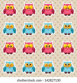 Vector seamless polka dot pattern with little cute owls