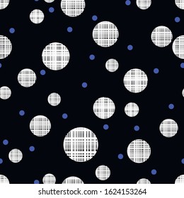 vector seamless polka dot pattern with check and smaller polka dot. Black and white background allover design with electric blue small dots.