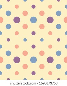 Vector Seamless Polka Dot Pattern. Dots of Different Sizes and Colors on Violet Light Yellow Background. Simple Retro Ornament for Wrapping Paper, Wallpaper, Textile