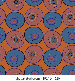 Vector seamless polka dot pattern. Illustration of circles with dots in dark orange and blue. The design is perfect for backgrounds, home decoration, wallpaper, wrapping paper, textiles