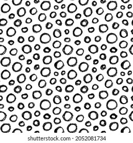 Vector seamless polka dot pattern. Hand drawn grunge round shapes. Black round frames or bubbles. Outline circles repeating background. Geometric monochrome pattern for wrapping paper, textile.