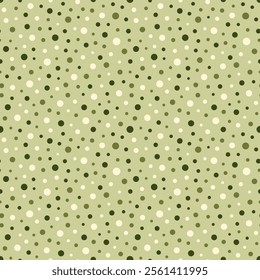 Vector seamless polka dot pattern in olive green shades. The varying sizes dots are displayed on beige and green background. Minimalist design. Perfect for nature concept, textile and packaging