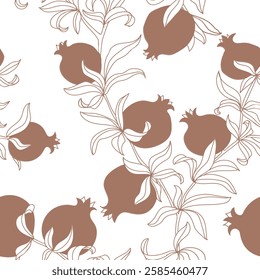 Vector seamless pomegranate fruits and leaves and branch pattern. Repeating image for gift wrapping. For wallpaper, wrapping paper, textile, postcards, web page backgrounds, interior, menus. 