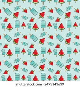 Vector seamless popsicle and watermelon pattern isolated on light blue background.