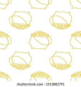 vector seamless pot pattern with gold outline in yellow on a white background. doodle pot of gold square format for diy design template