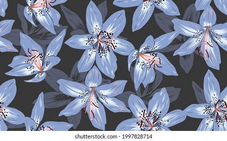 Vector seamless print. Blue lily flowers on a gray background.